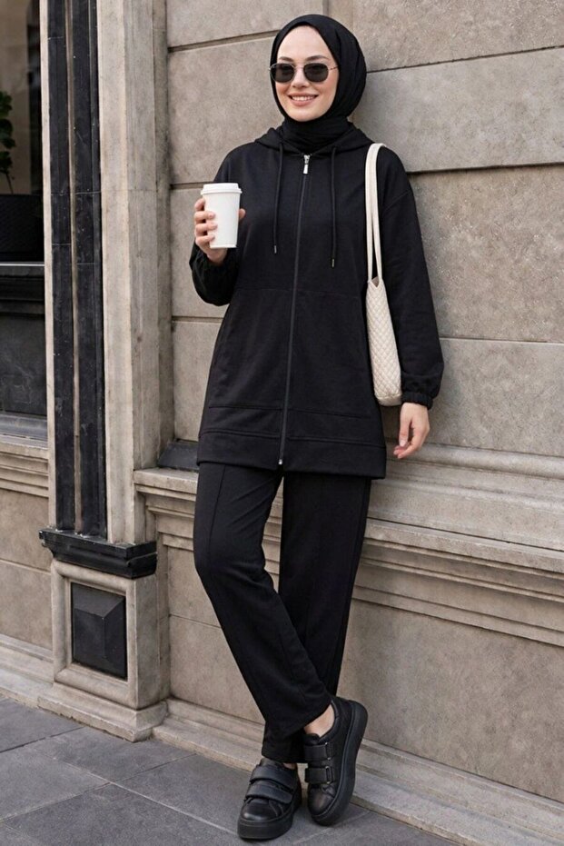 Zippered Black Hijab Double Suit 10400S