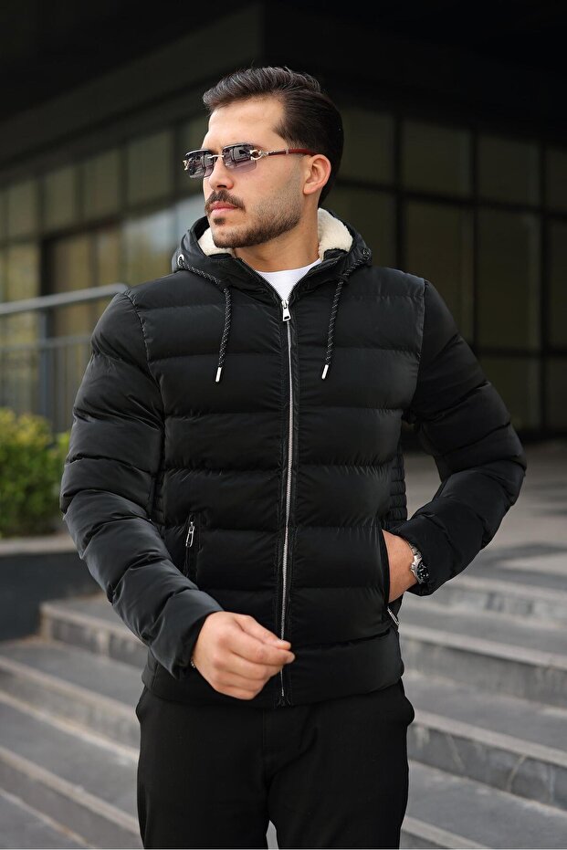 Men's Black Hooded Puffer Coat Winter Zipper Hood with Plush Detail Inside