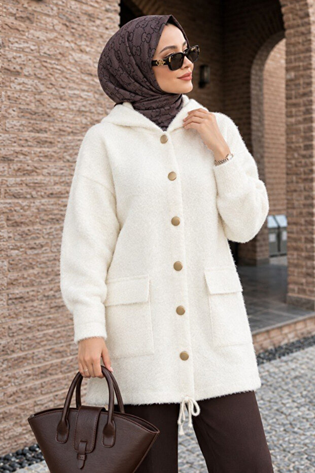 Hooded Buttoned Pocketed Cream Hijab Knitwear Cardigan 241482Kr