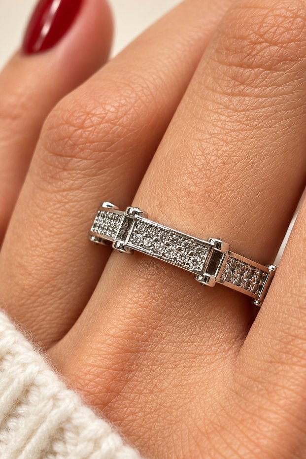 Half Round Octagonal Model Zircon Stone Adjustable Design Women's Steel Ring Silver Non-Tarnish