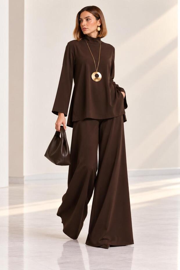 Blouse with Side Slits and Slit Detail & Wide-Legged Trousers Bottom Top Crepe Set Cou-116