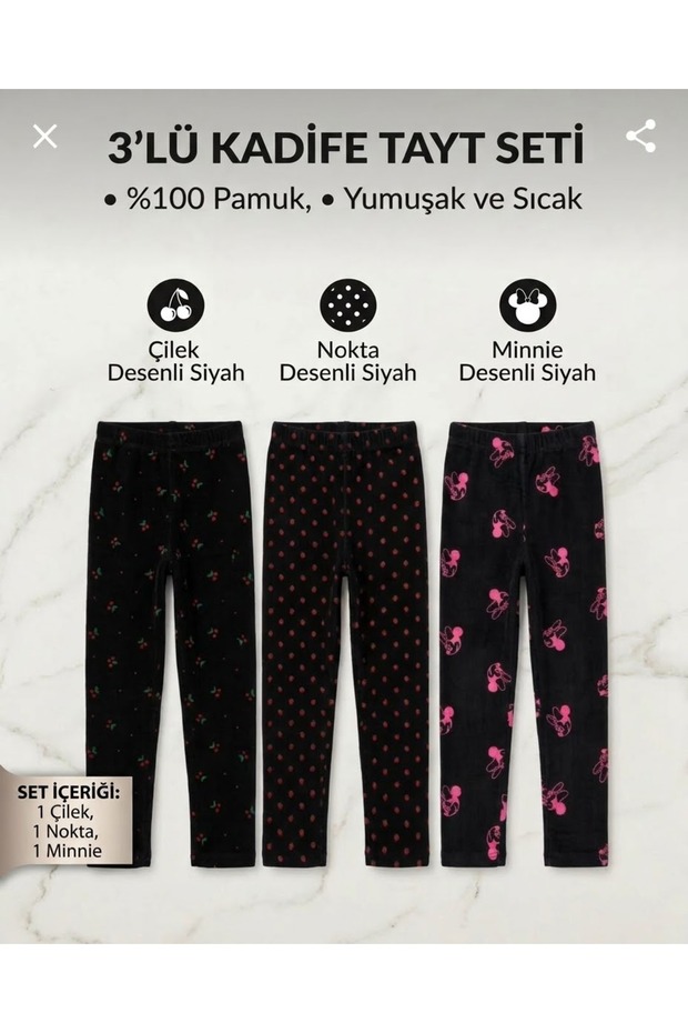 Girl's Corded Fabric Velvet 100% Cotton Patterned 3-Piece Set Leggings Set