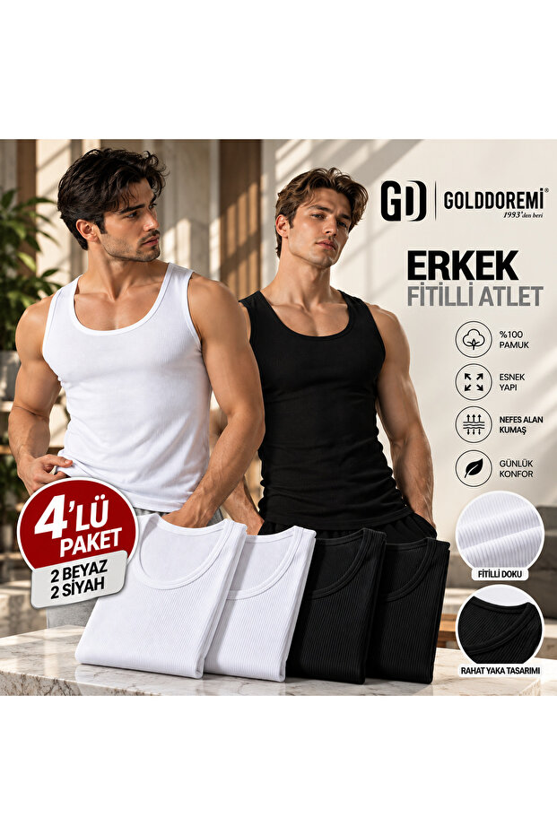 Gd Goldoremi 4-Pack, Men's Premium 100% Cotton White Halter Neck Sports Lycra Ribbed Camisole Boxed Undershirt