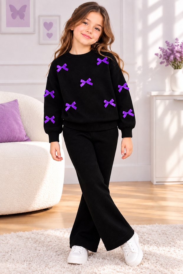Bow Detailed Tights Bottom Top Girls 2-Piece Set Without Pocket