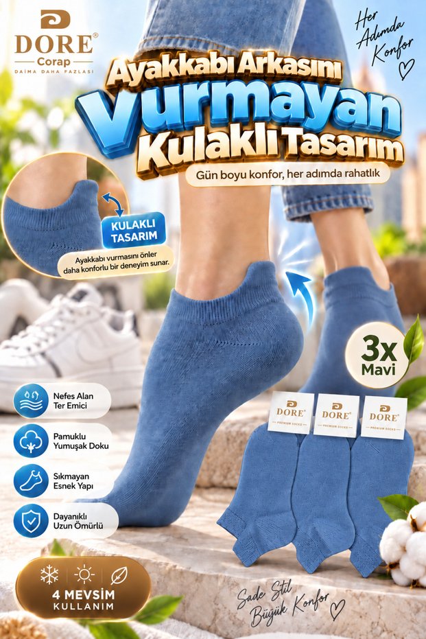 Original Unisex 3-Pair Comfort Model Premium Cotton Sweat-Absorbent & Breathable Seamless Non-Pressing Shoes Non-Bumping 4-Season Comfort All Day Long Ankle-Length Sports Shoes Sneaker Booties Socks