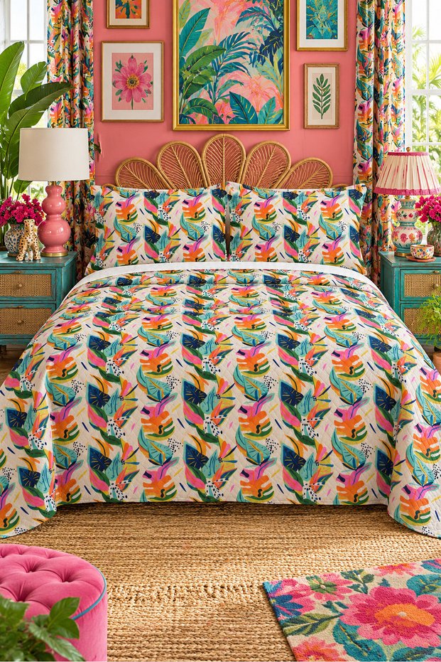 Leaf Pattern Double Printed Pique (200x220 Cm) Colorful