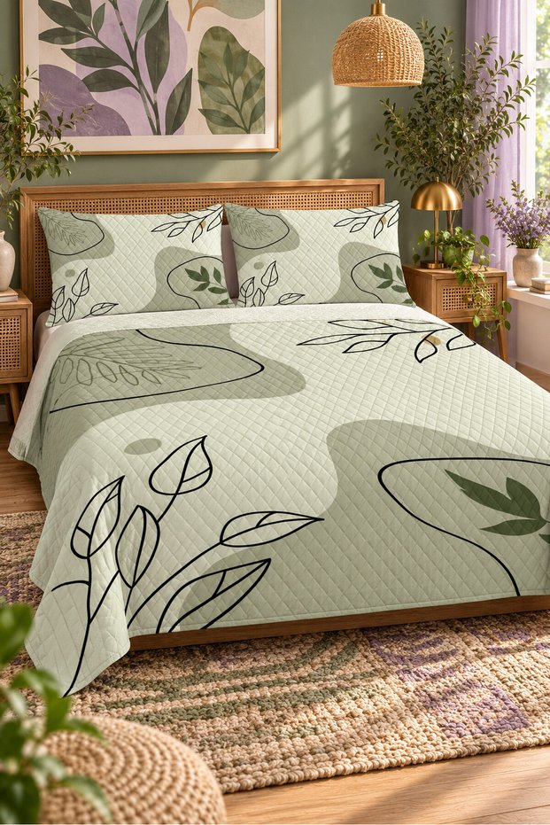 Green Abstract Leaf Patterned Bedspread 200X220 Double Pique Set
