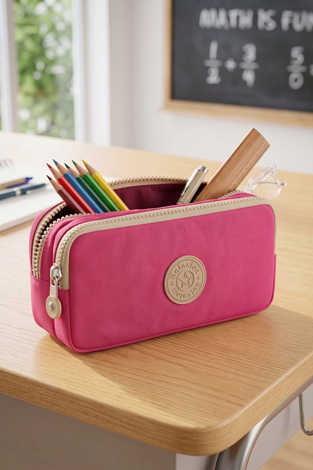 Rlx-124 Two-Compartment Clinker Fabric Pencil Case School University Bag Pink Cream