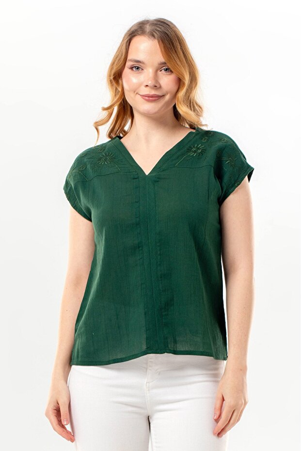 Short Cap Sleeve Gülizar Şile Bezi Summer Embroidered Blouse Green Ysl