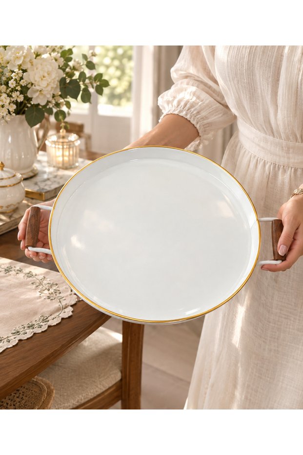 White Gold Detailed Country Style Tray Wooden Handle 35 cm Large Size