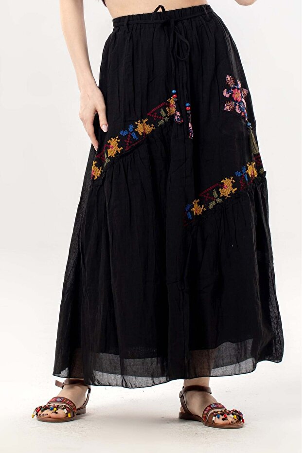 Nihal Tied Voile Elastic Waist Authentic Single Pocket Summer Long Skirt Black Syh