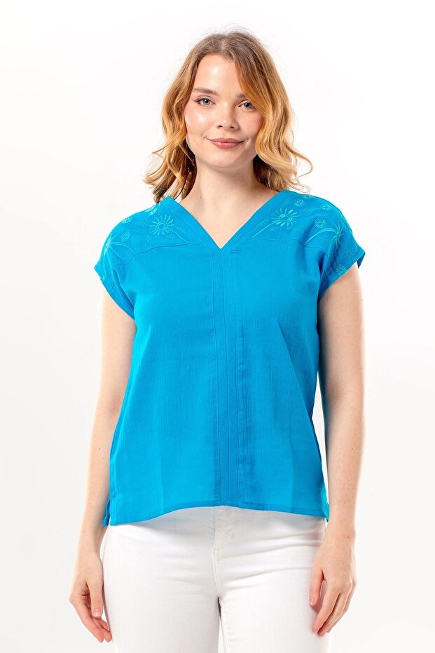 Short Cap Sleeve Gülizar Şile Bezi Summer Embroidered Blouse Turquoise Trkz