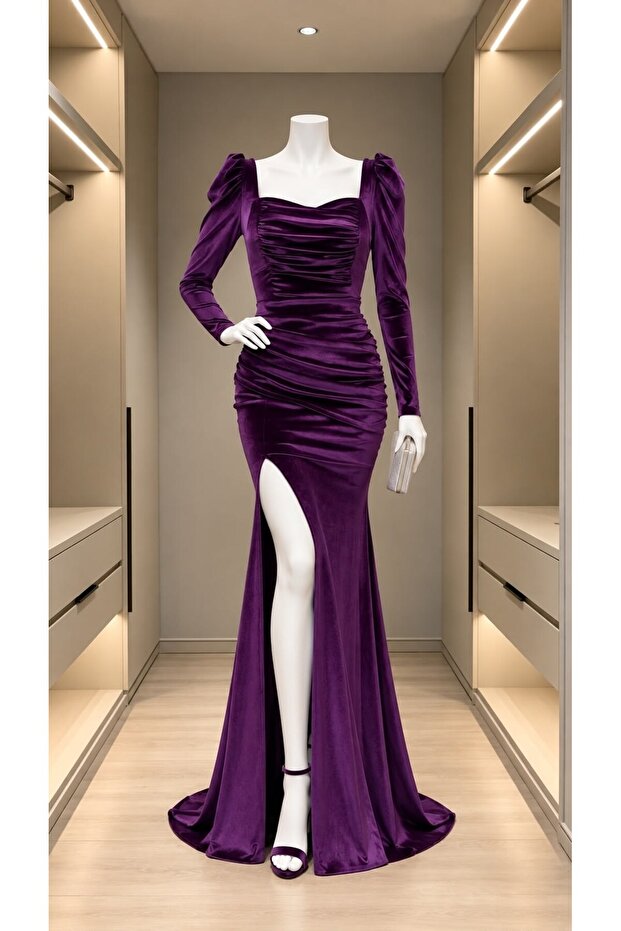 Square Neck Slit Velvet Evening Dress 582318 Purple