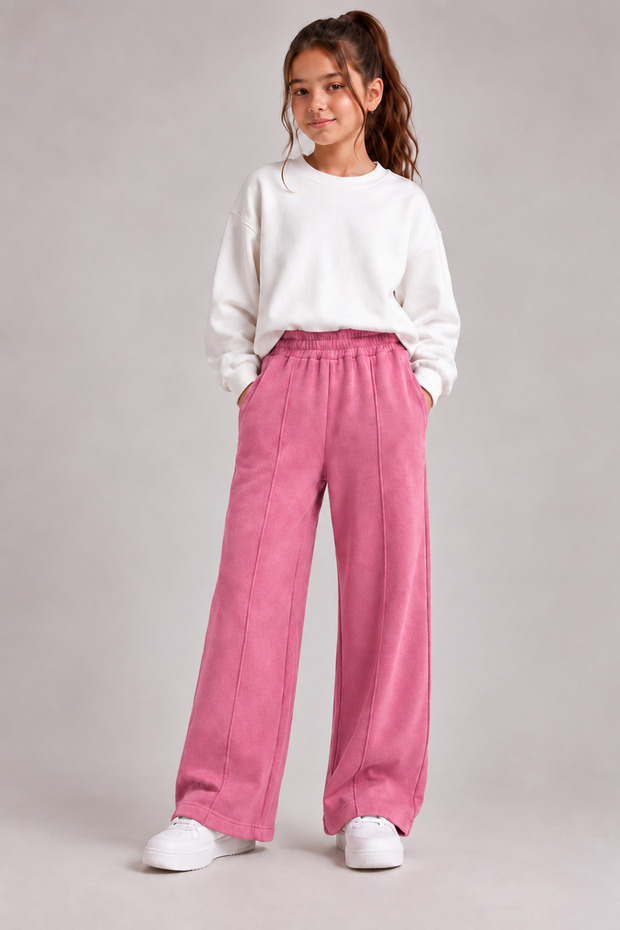 Girls' High-Waisted Wide-Leg Sweatpants with Piping Detail and Brushed Three-Thread Ribbed Interior - Wide-Leg Winter Trousers