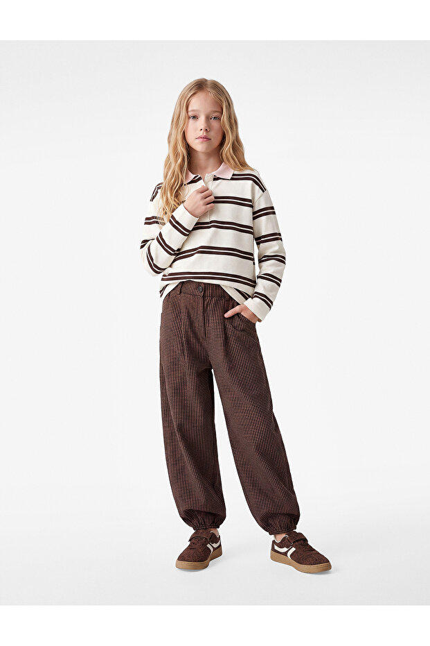 High Waist Plaid Balloon Trousers with Pockets and Elastic Cuffs