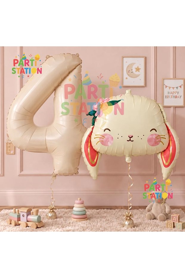 Cute Bunny 4 Years Old Balloon Set Woodland Animals Theme Bunny Balloon and Cream Colored Number Balloon