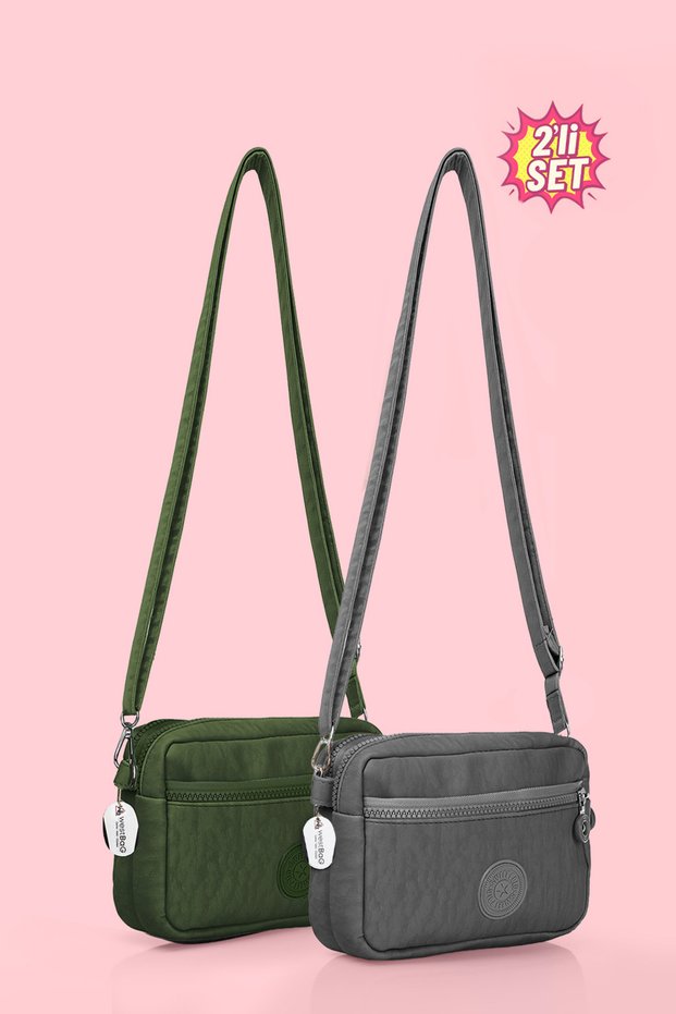 Women's Cross Strap Three-Compartment Zippered Crinkle Daily Shoulder Bag Khaki-Grey Set of 2