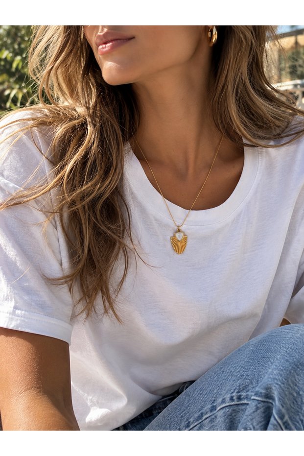 Women's Gold 316L Stainless Steel White Enamel Detailed Antique Design Necklace "Aegis Necklace"