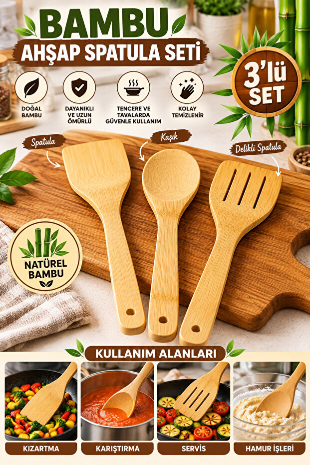 3 lü Bambu Servis Seti - Karıştırma Seti