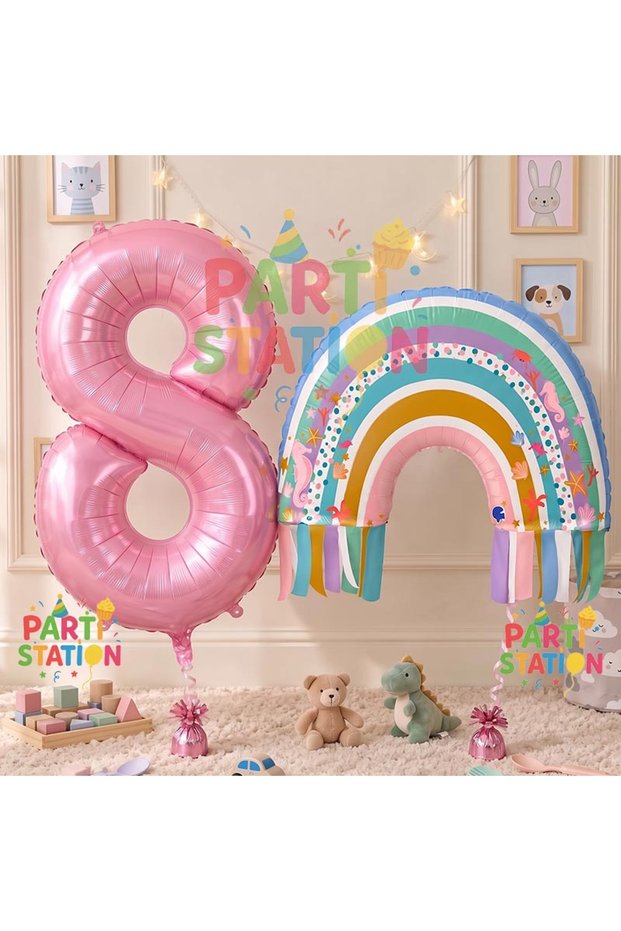 Rainbow 8 Year Old Balloon Set Mermaid Rainbow Concept Balloon and Pink Number Balloon