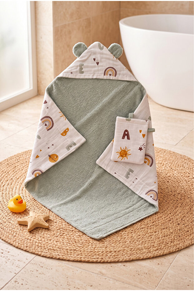 Baby Swaddle Bath Towel 100% Cotton (Outside Muslin, Inside Towel) (75X75 cm) (Gift Pouch)