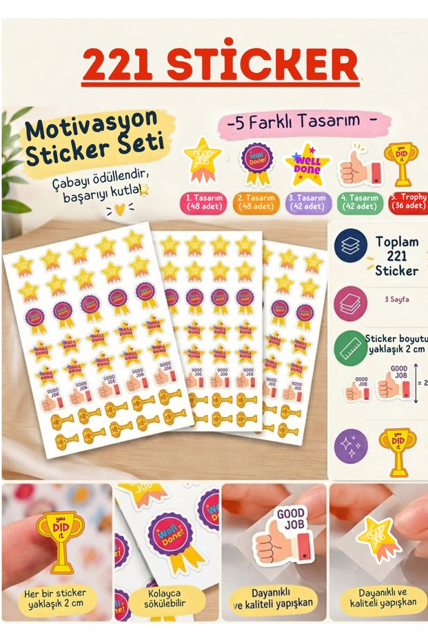 221 Motivational Stickers | Teacher Reward Label | Success Sticker for Kids | 5 Different Designs
