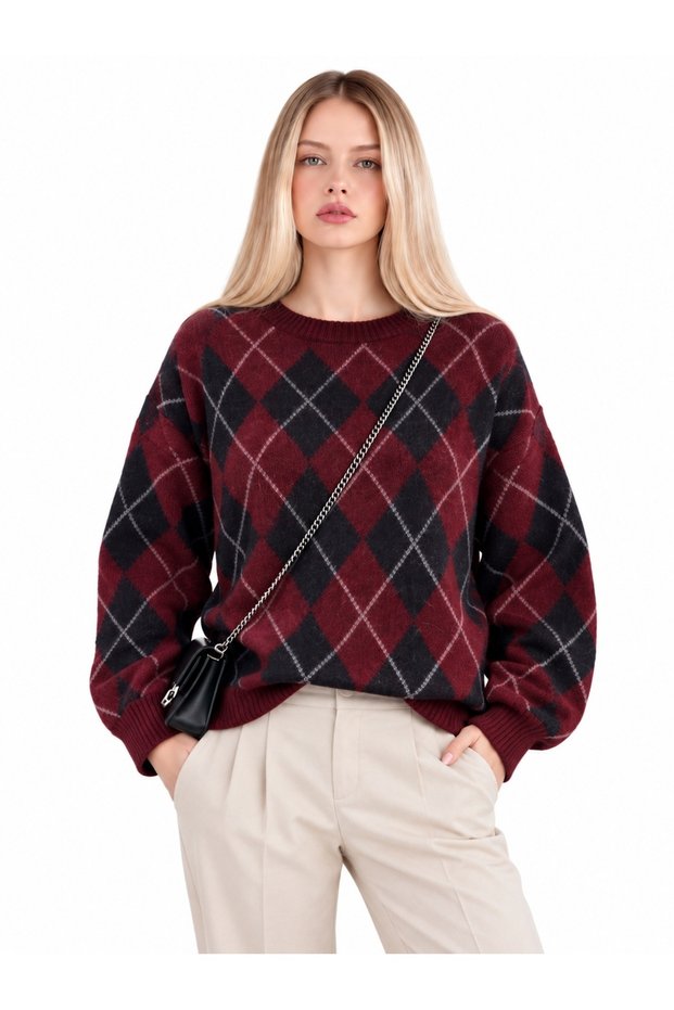 Burgundy Navy Blue Baklava Crew Neck Oversize Women's Knitwear Sweater