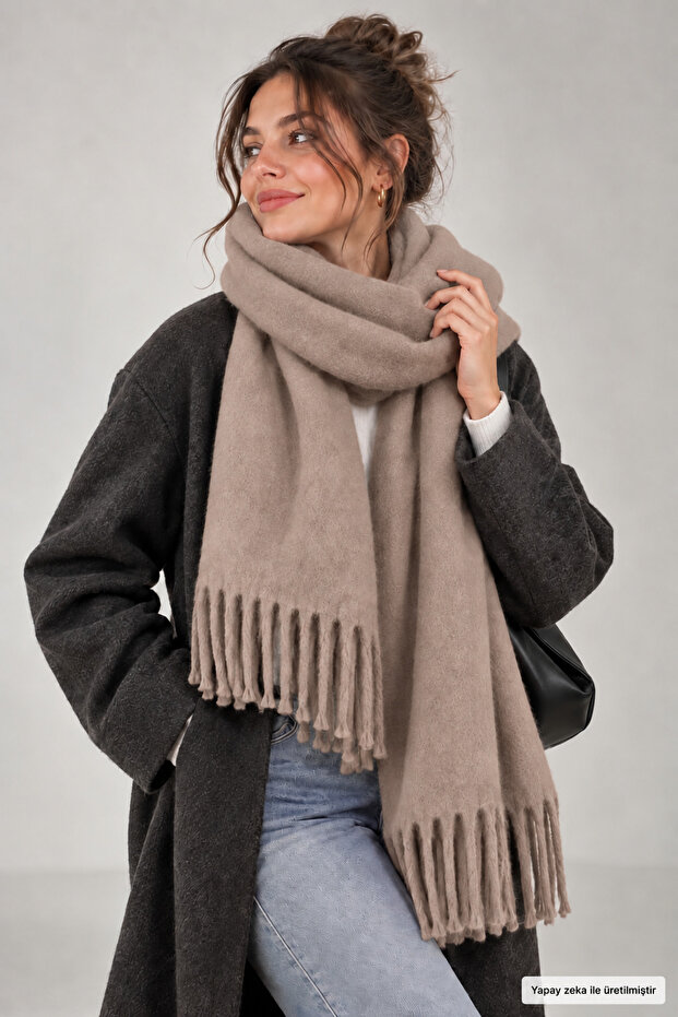 Vizyon Women's Winter Tassel Scarf |   Soft Textured Thick Shawl - Soft Boucle Scarf - Pasta Model