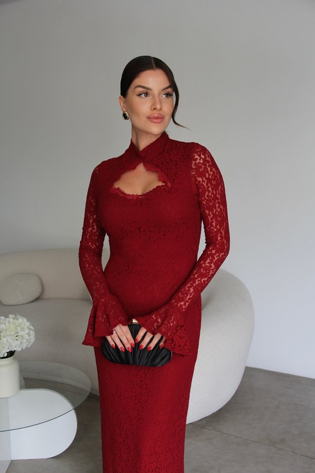 Chest Decollete Detailed Maxi Length Burgundy Lace Dress