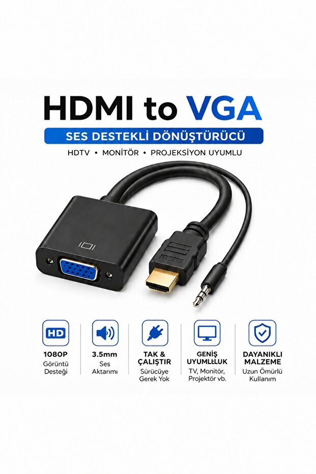 Black Color HDMI to Vga Converter Audio Supported Converter Adapter with 3.5mm Audio Output for Pc Laptop Tv Compatible Black