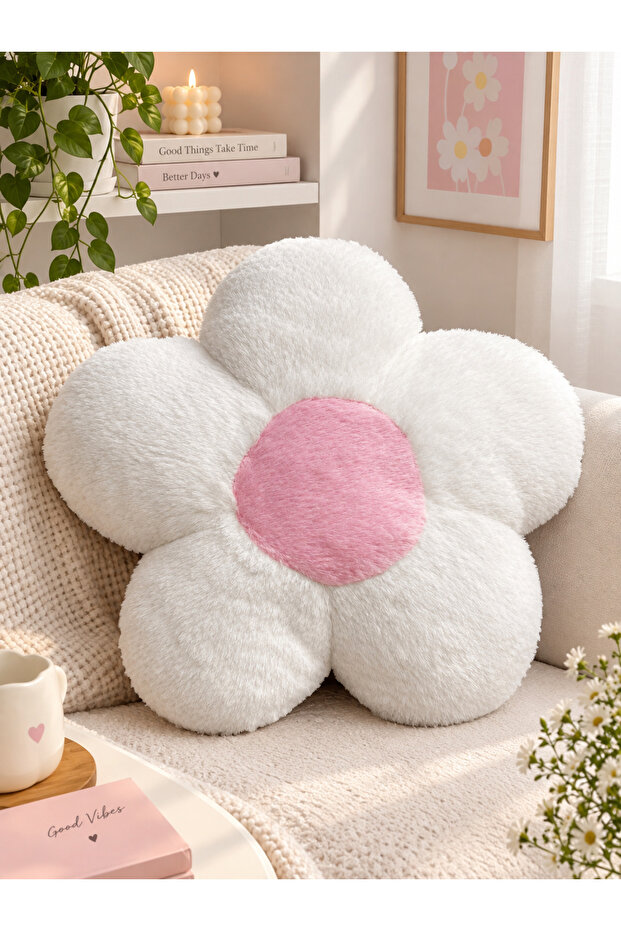 Dedse Plush Daisy Flower Pillow Decorative Furry Throw Pillow White Yellow 38X38 cm