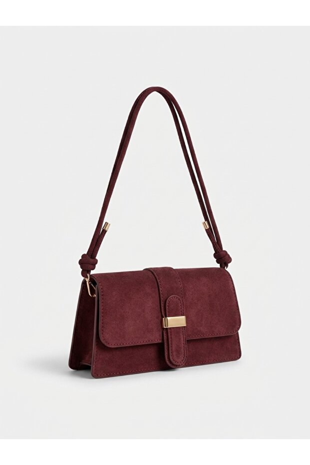 Women's Burgundy Eyzep Model Suede Shoulder & Crossbody Bag with Adjustable Knot Strap