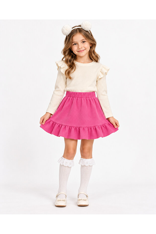 Girl's Ruffled Cream Ribbed Badi & Pink Skirt Set – Stylish Combination with Lace Knee-Length Socks