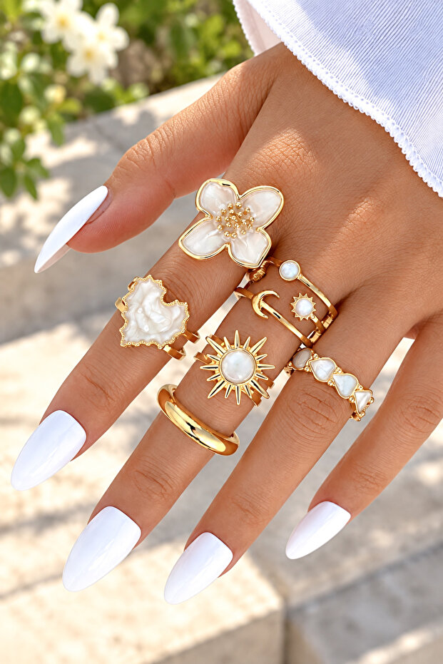 6-Piece Combination White Stone Flower Sun Moon Heart Wedding Ring Model Adjustable Gold Ring Set