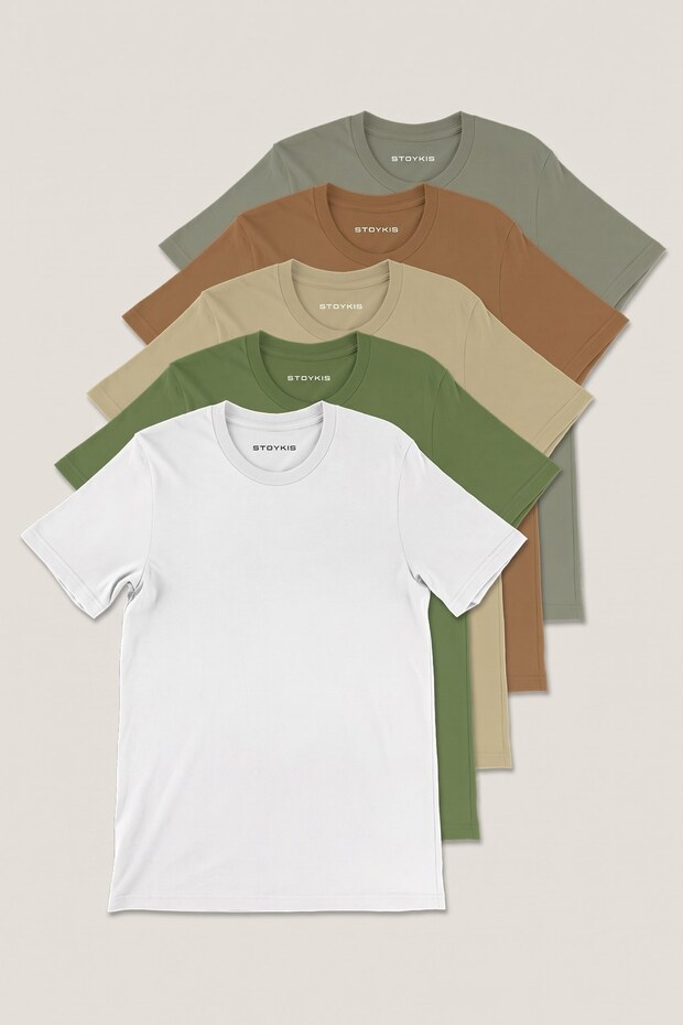 Khaki brown earth green white 100% cotton 5-pack men's t-shirt regular fit, men's t-shirt
