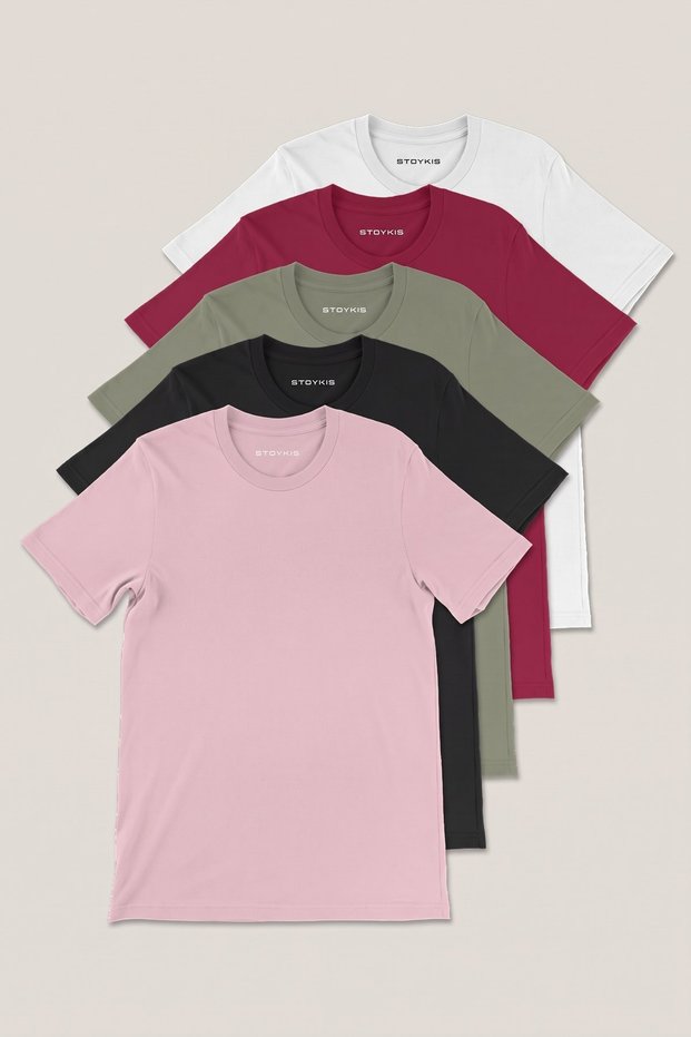 Men's White Bordeaux Khaki Black Powder 100% Cotton 5-Pack T-Shirt Pack Regular Fit