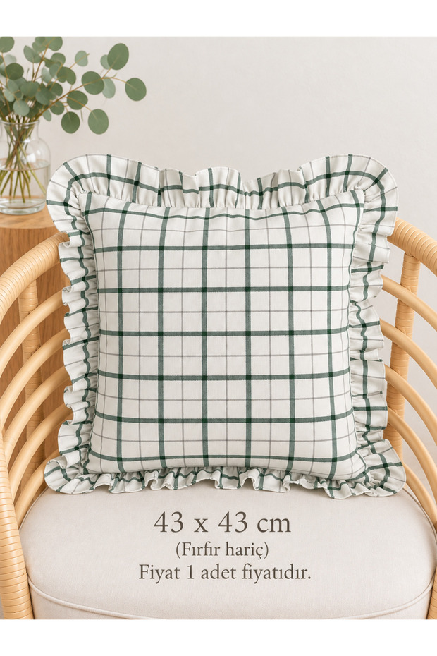 Lina 100% Linen Ruffled Ecru Green Striped Throw Pillow Cover 1 Piece