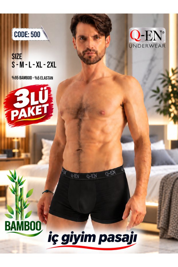 Underwear Passage Men's Black Bamboo Boxer (Economical Pack of 3) 500