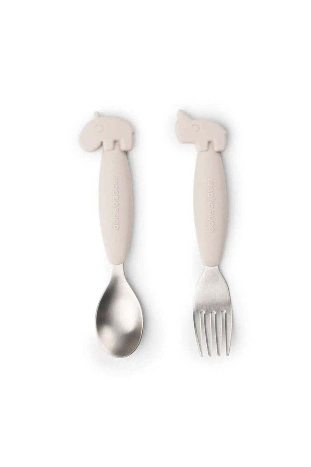 - Deer Friends - Stainless Steel Fork & Spoon Set - Beige