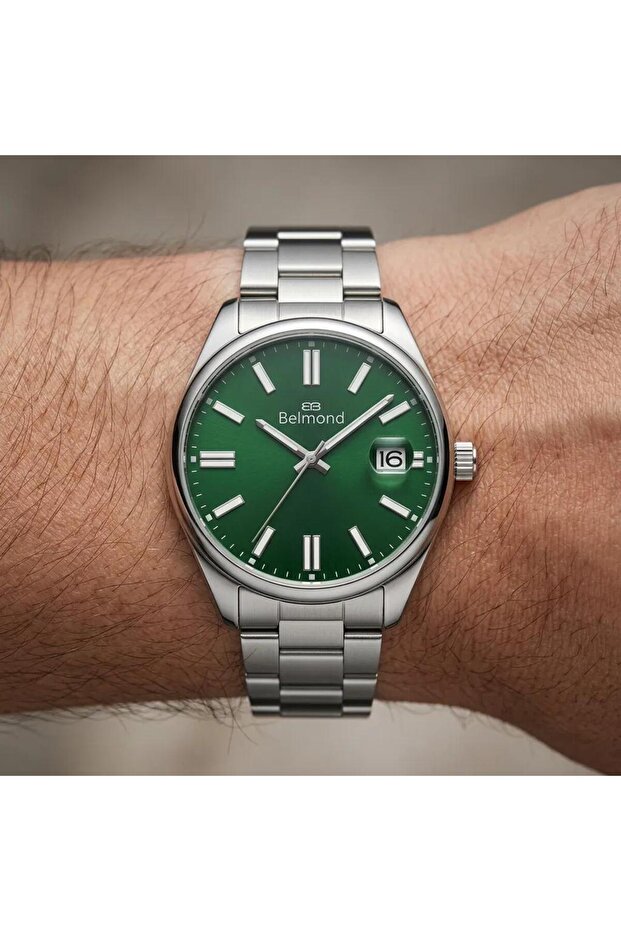 Green Dial Calendar Steel Case Men's Wristwatch