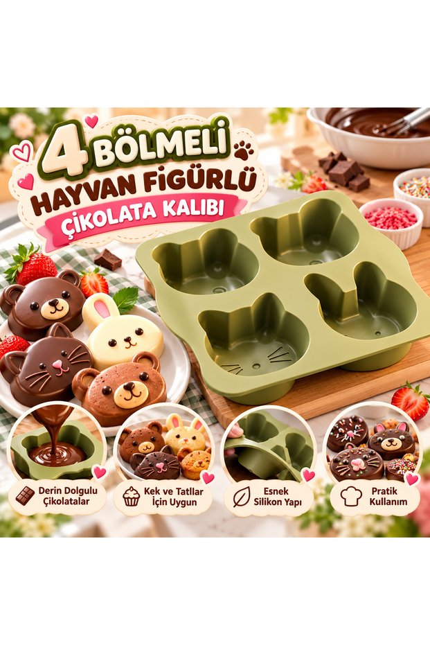 Large Size 4-Compartment Chocolate Mold with Animal Figures – Deep Fill Chocolate and Cake Mold