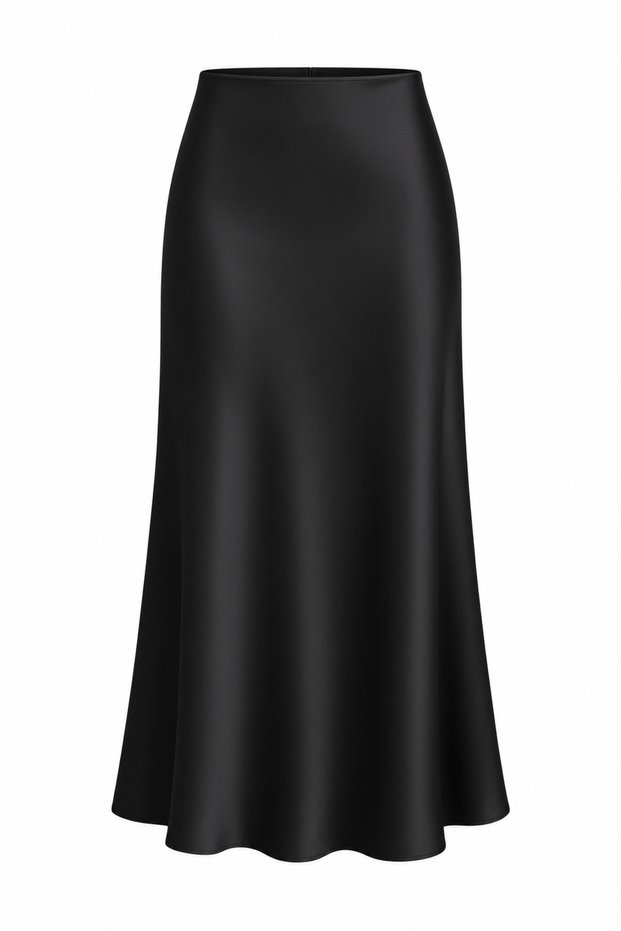 High-Waisted A-Line Midi Satin Skirt