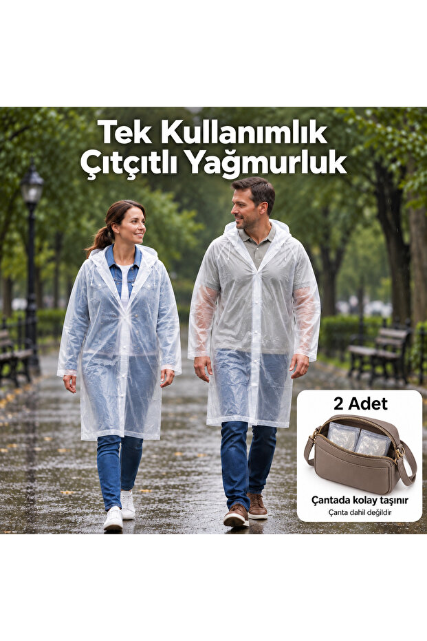 Disposable Raincoat 2 Pieces – Transparent, with Hood, Snap Fasteners, Compact Package