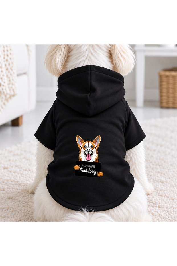 Black Wanted Corgi Printed Dog Sweatshirt | Hooded, Fleece Fabric, Winter Dog Clothing