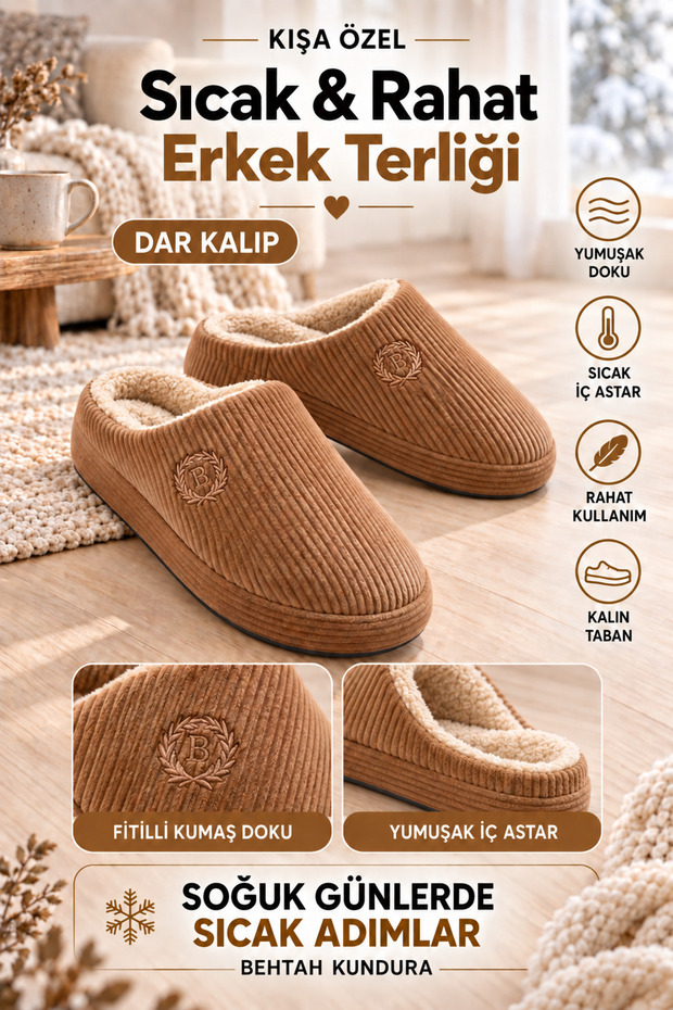 Embroidered Velvet Men's Closed Front Winter Slippers Daily Indoor Slippers Dowry Bohça