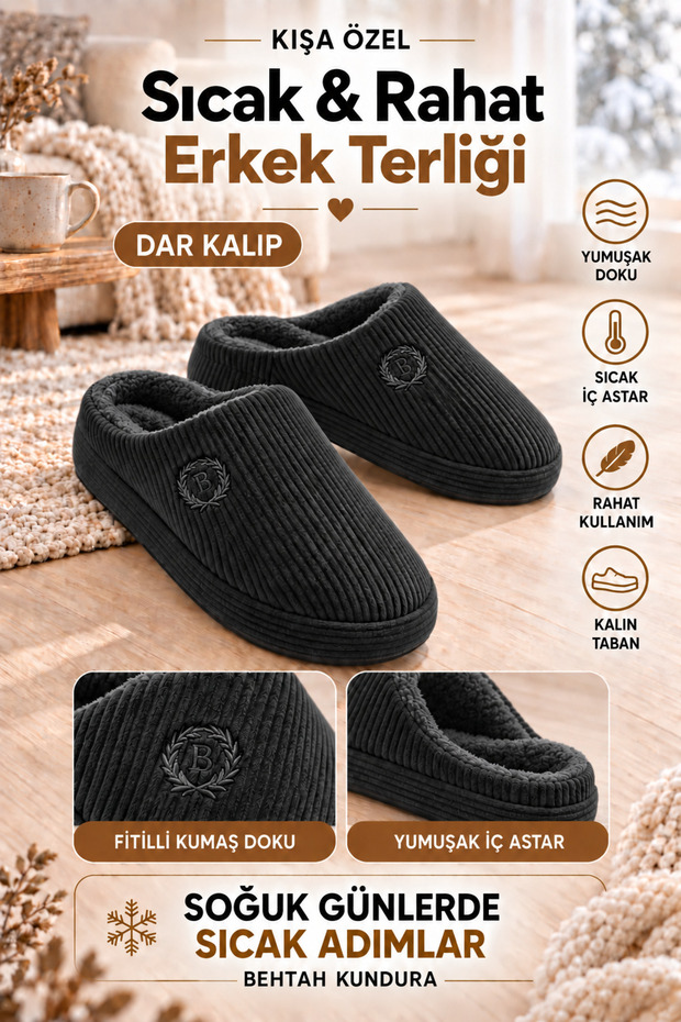 Embroidered Velvet Men's Closed Front Winter Slippers Daily Indoor Slippers Dowry Bohça