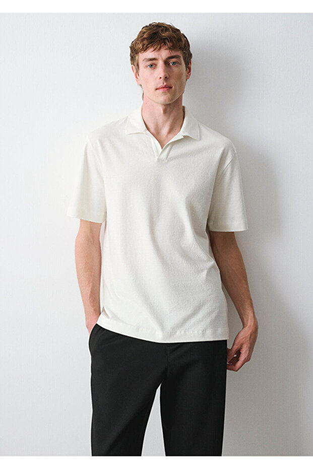 Linen Blend Ecru Polo T-Shirt Loose Fit / Relaxed Comfortable Cut 0613341-80194