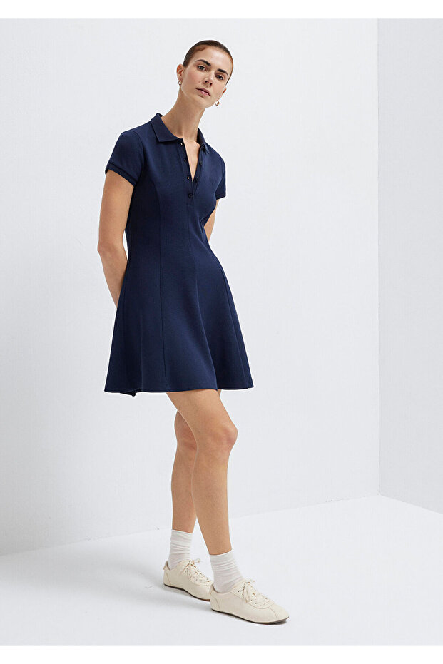 Polo Collar Embroidery Detailed Navy Blue Mini Dress 1310903-82318