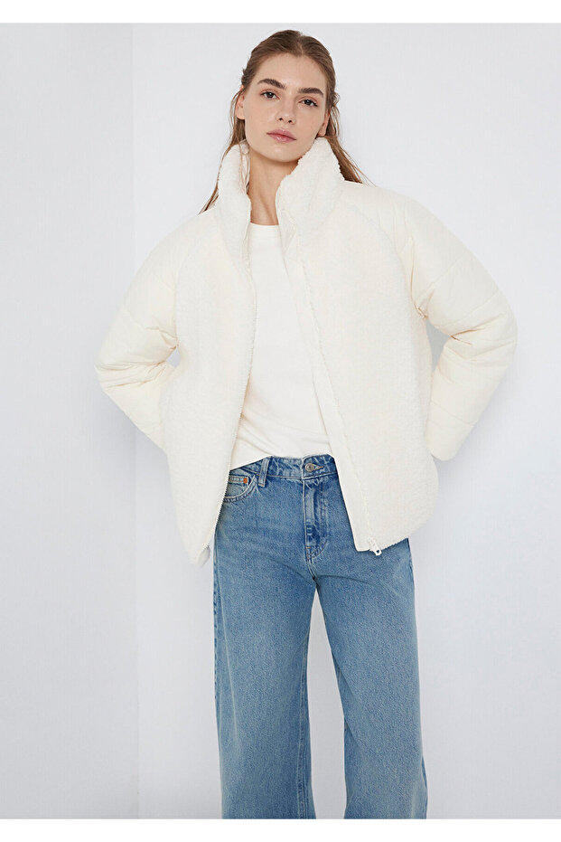 High Collar Ecru Sherpa Jacket Loose Fit / Relaxed Comfortable Cut 1110818-80194