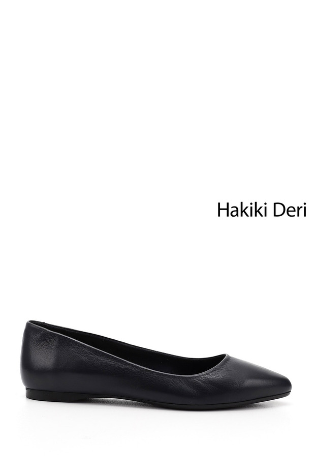 Navy Blue Antique Gön Genuine Leather Pointed Toe Flat Sole Women's Ballerinas 13389